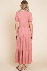 Ruched Short Sleeve Tiered Maxi Dress BomBom   