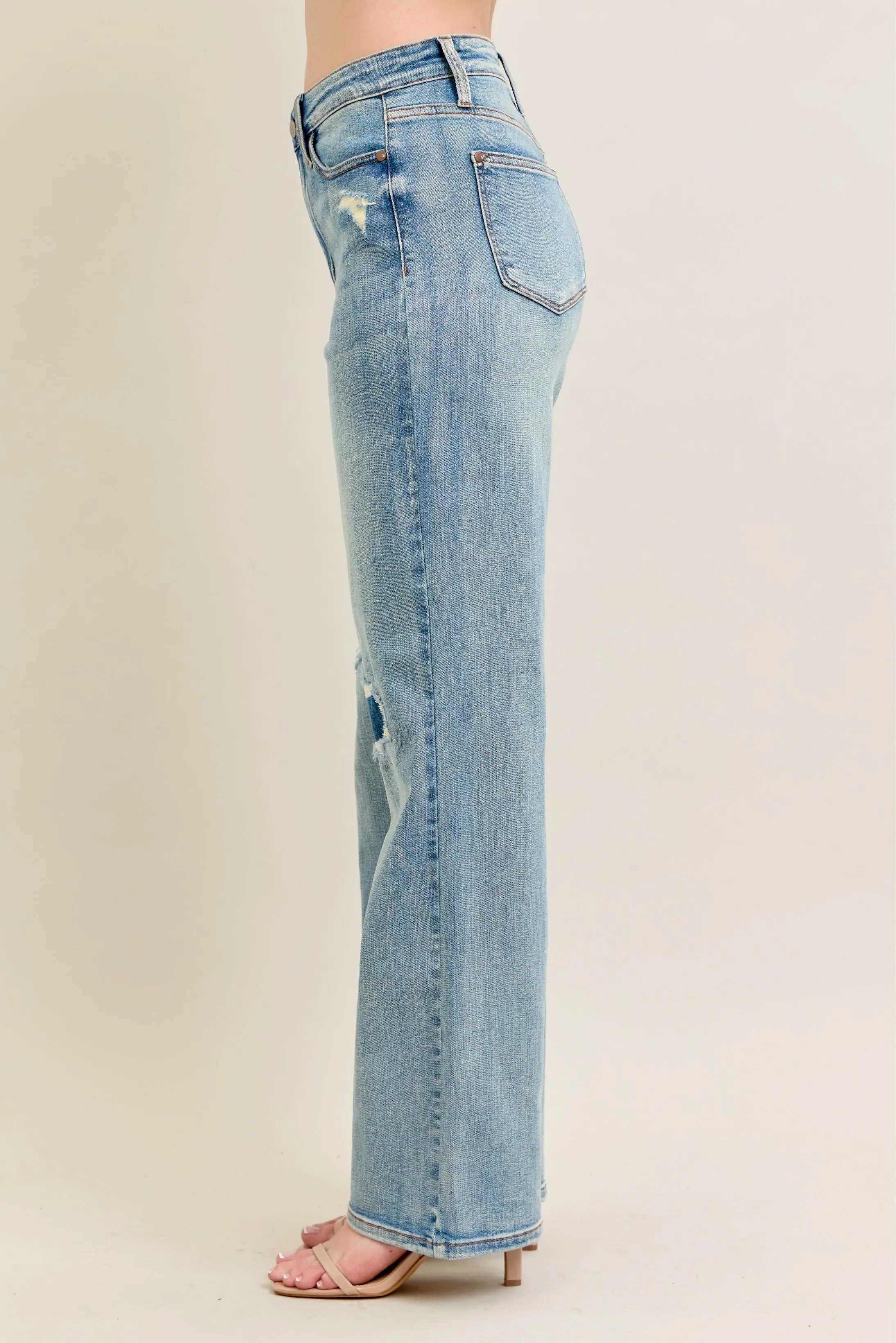 High Waisted Destroy & Knee Patch Straight Jeans With Plus Size Judy Blue