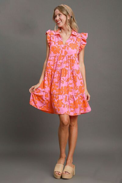 Floral Print Ruffle Cap Sleeve Tiered Dress Umgee