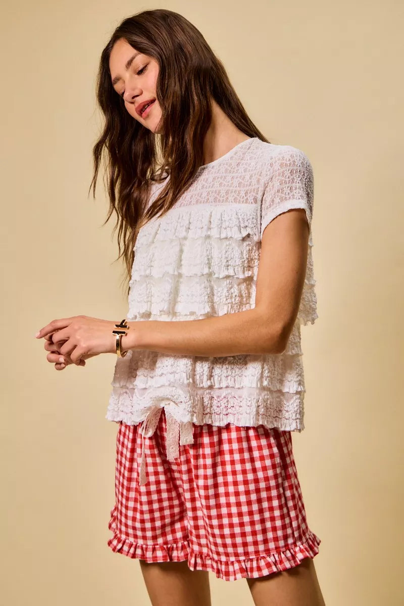 Ruffle Tiered Stretch Lace Short Sleeves Knit Top So Me
