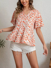 Floral Print V-Neck Ruffle Sleeve Peplum Blouse Simmer & Fay