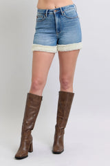 Tummy Control Shearling Cuff Denim Short With Plus Size Judy Blue