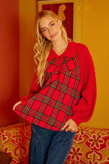 Plaid Buttoned Collared Top with Sweater Sleeve BiBi