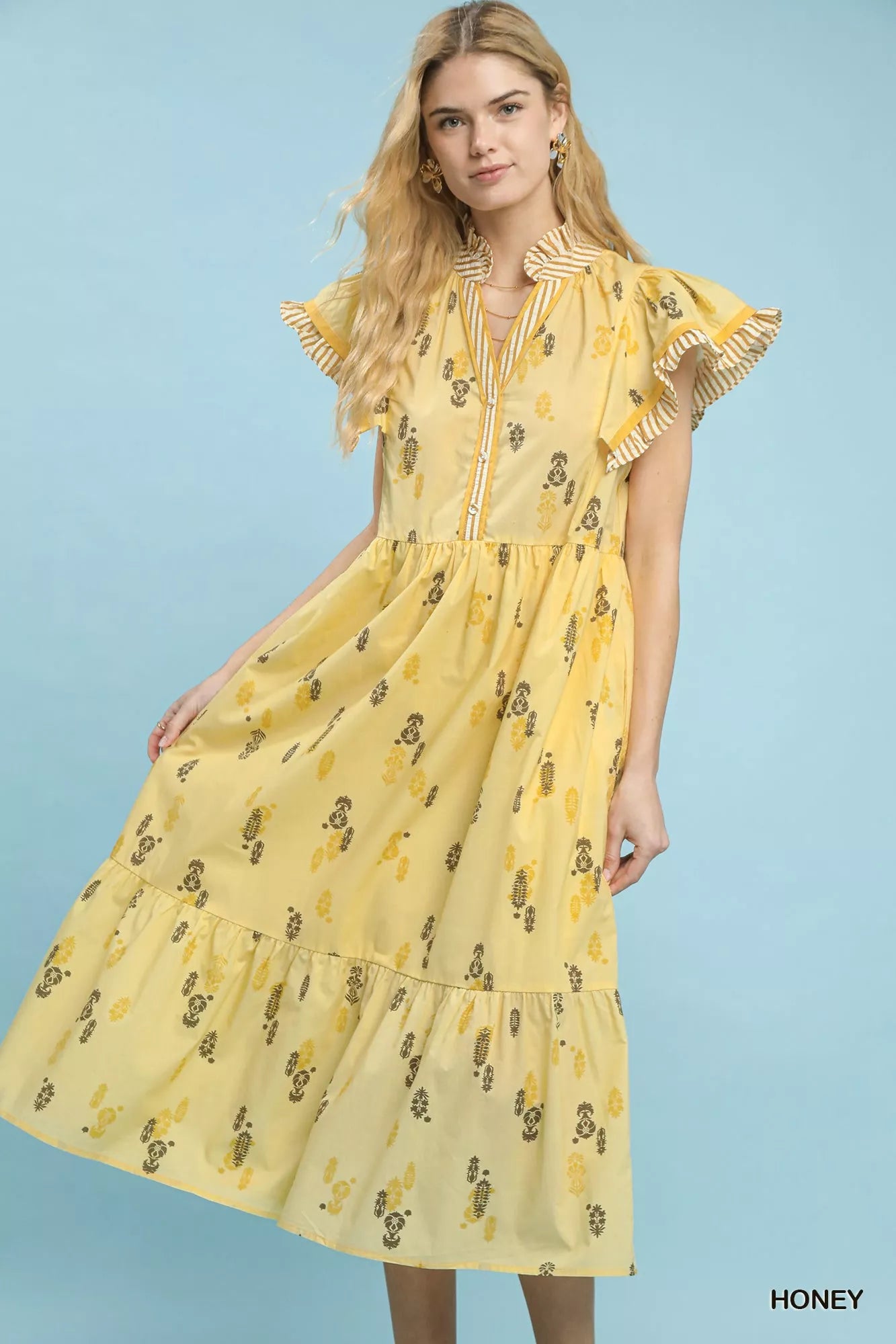 Floral Ruffle Sleeve Tiered Midi Dress Umgee HONEY S