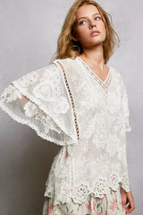 Floral Crochet V-Neck Short Sleeve Blouse with Scalloped Hem POL