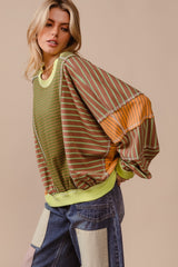 Color Block Striped Round Neck Sweatshirt BiBi   