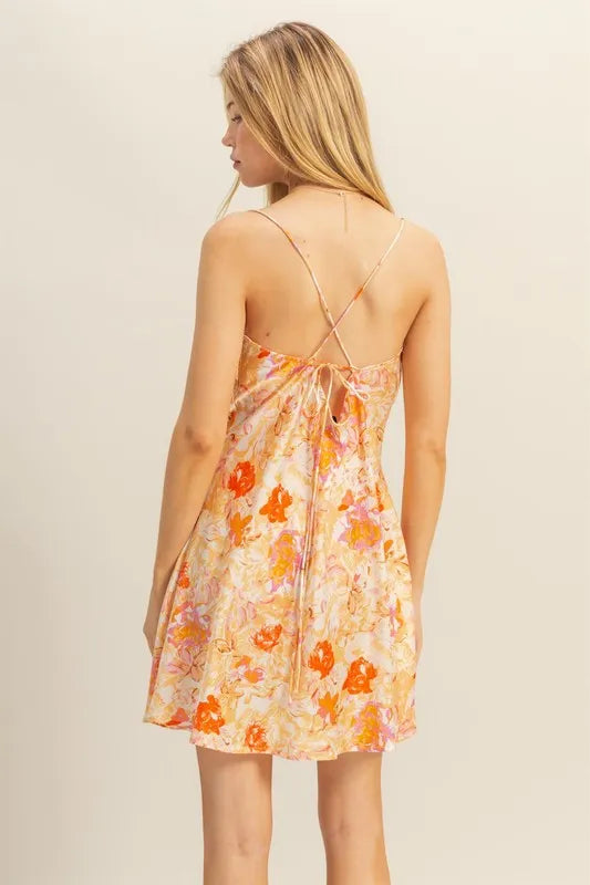 Floral Cowl Neck Flirty Satin Mini Dress HYFVE