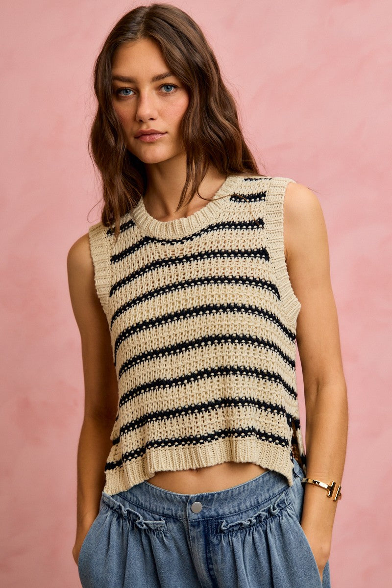 Low Gauge Textured Stripe Sleeveless Sweater Top So Me