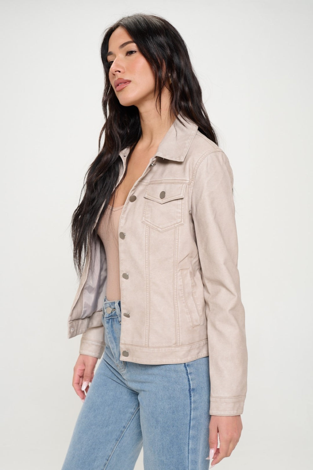 Button Down Cargo Vegan Leather Shacket Coalition LA Cream S 