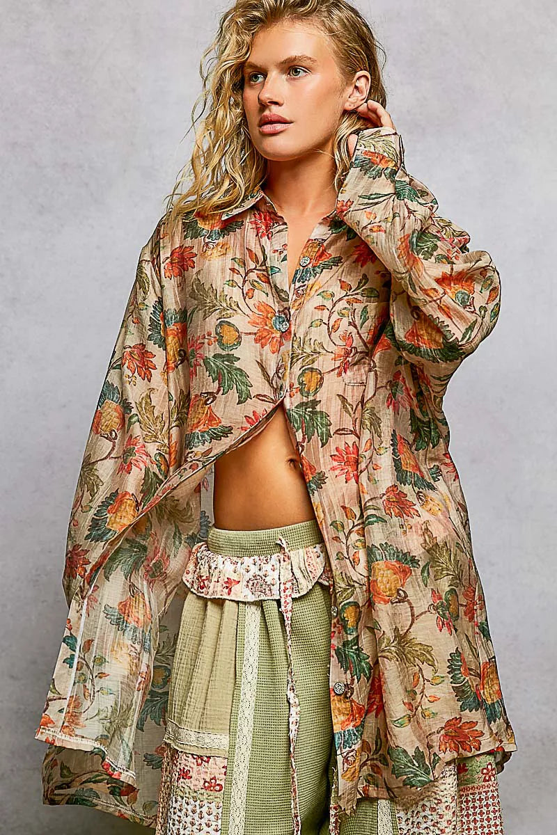 POL Metal Button Down Floral Long Sleeve Shirt Trendsi