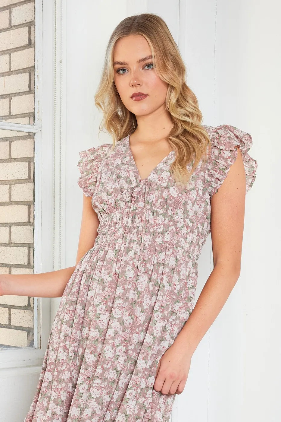Flower Print Ruffle Cap Sleeve V-neck Midi Dress Mittoshop