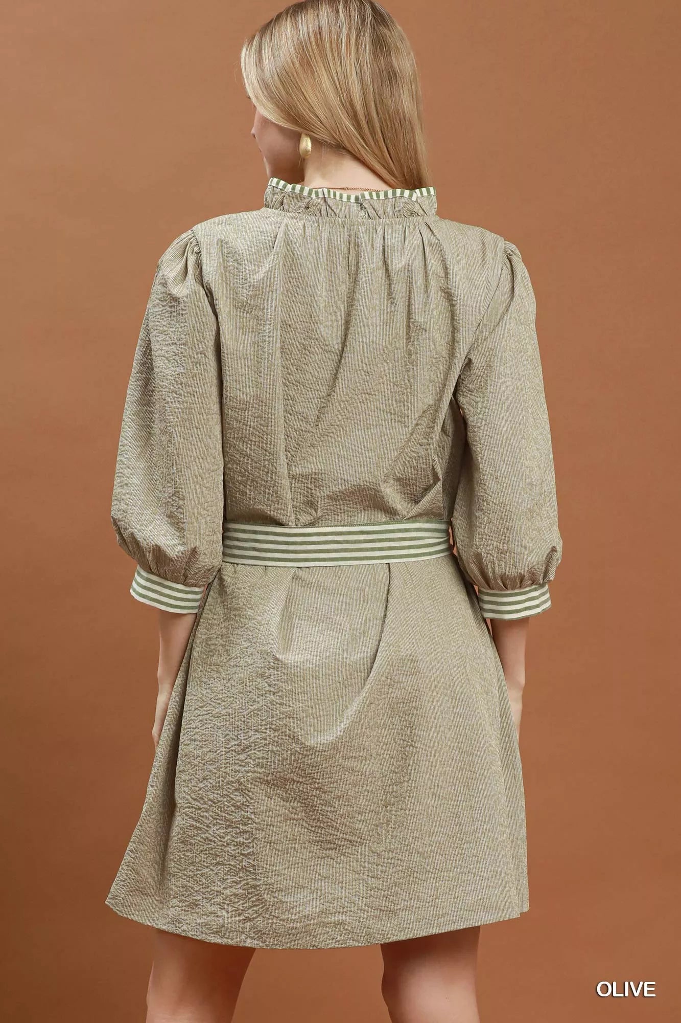 Umgee Textured Contrast Trim Tie Waist Mini Dress Trendsi