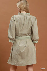 Umgee Textured Contrast Trim Tie Waist Mini Dress Trendsi
