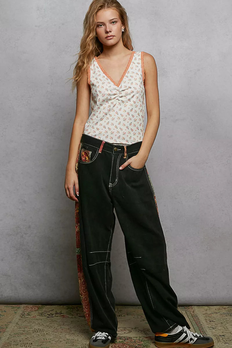 Ruched Floral V-Neck Tank with Lace Detail POL