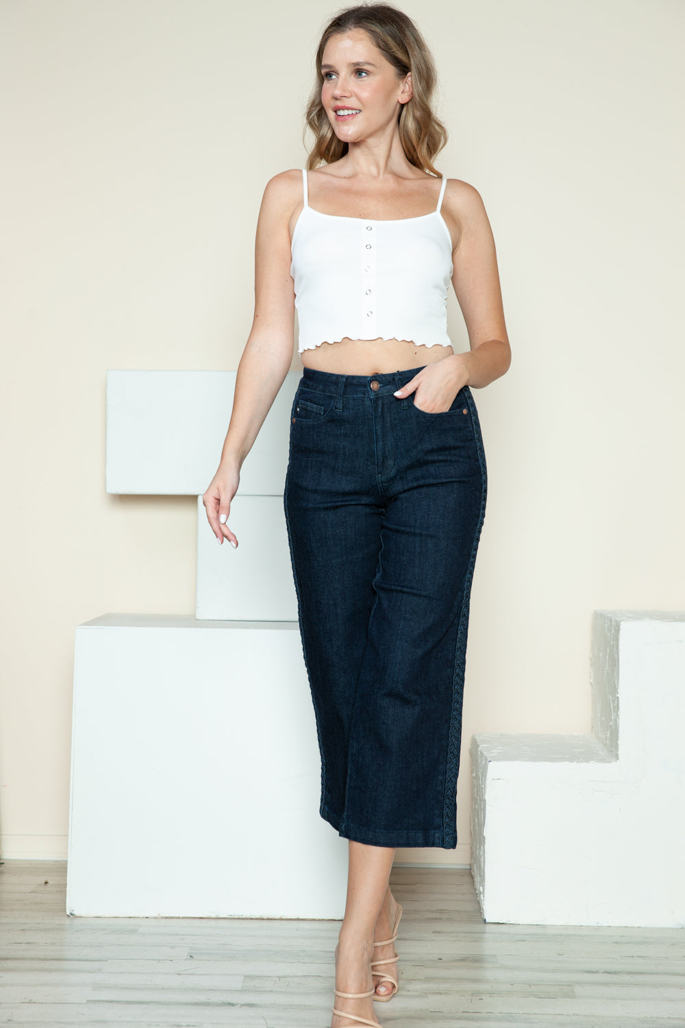 Side Seam Braid Detail Crop Wide Leg Jeans Judy Blue   