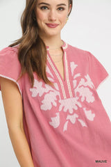 Embroidered Floral Short Sleeve Midi Dress with Contrast Trim Umgee