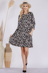 Leopard Print Three-Quarter Sleeve Dress with Pockets Celeste Black S 