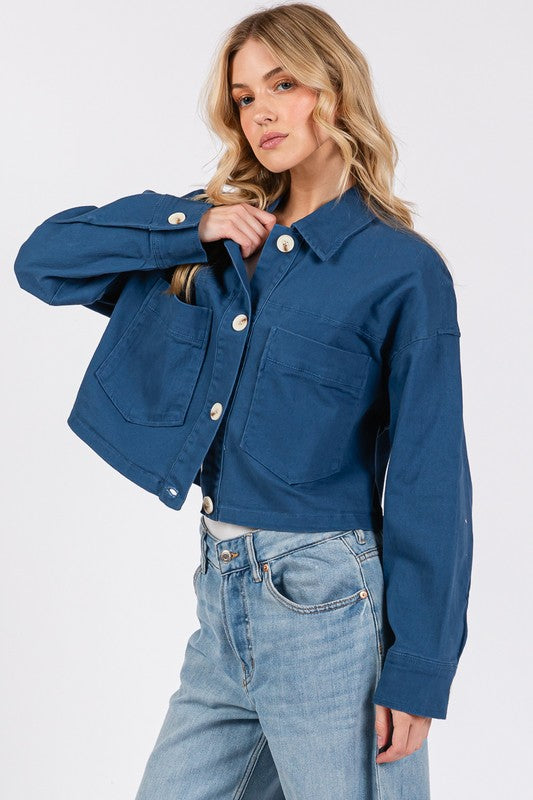 Button Down Cropped Denim Jacket with Patch Pockets Bytos