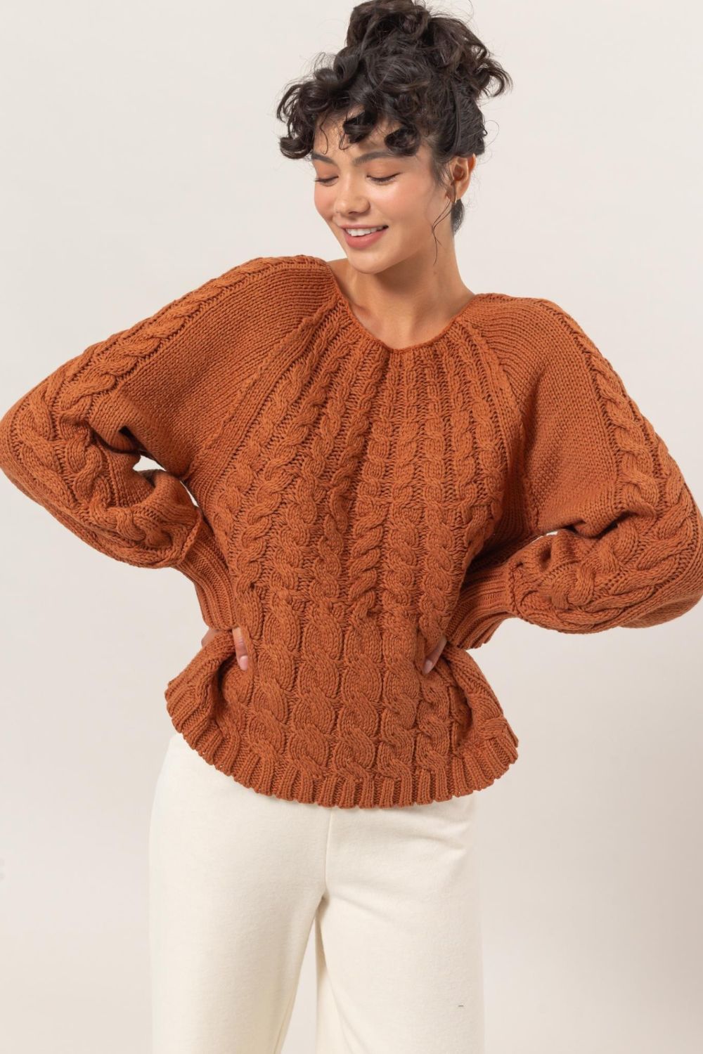 Cable-Knit Round Neck Raglan Sleeve Sweater HYFVE Rust S 