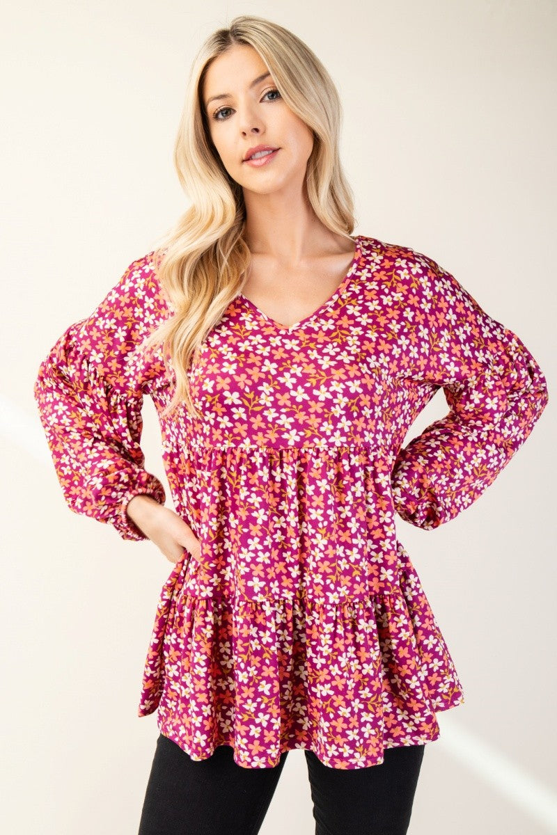 Floral V-Neck Balloon Sleeve Blouse Celeste   