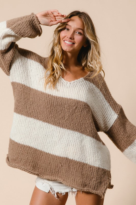 Slit Striped V-Neck Dropped Shoulder Sweater BiBi Mocha S 