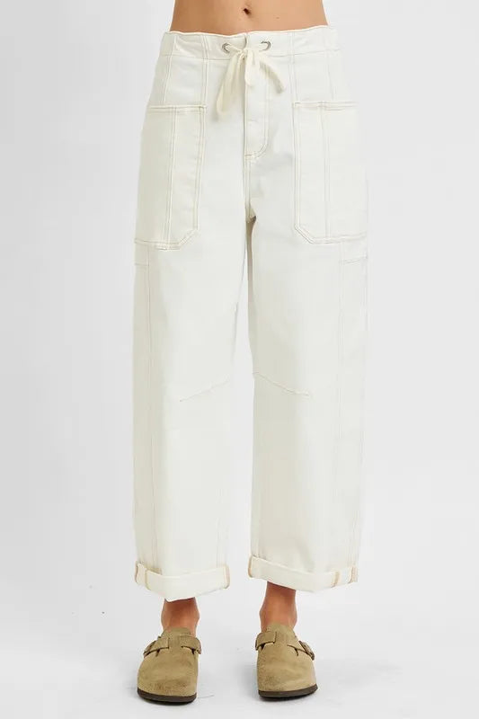 High Rise Crop Wide Barrel Cargo Pocket Jeans With Plus Size Risen Cream 0