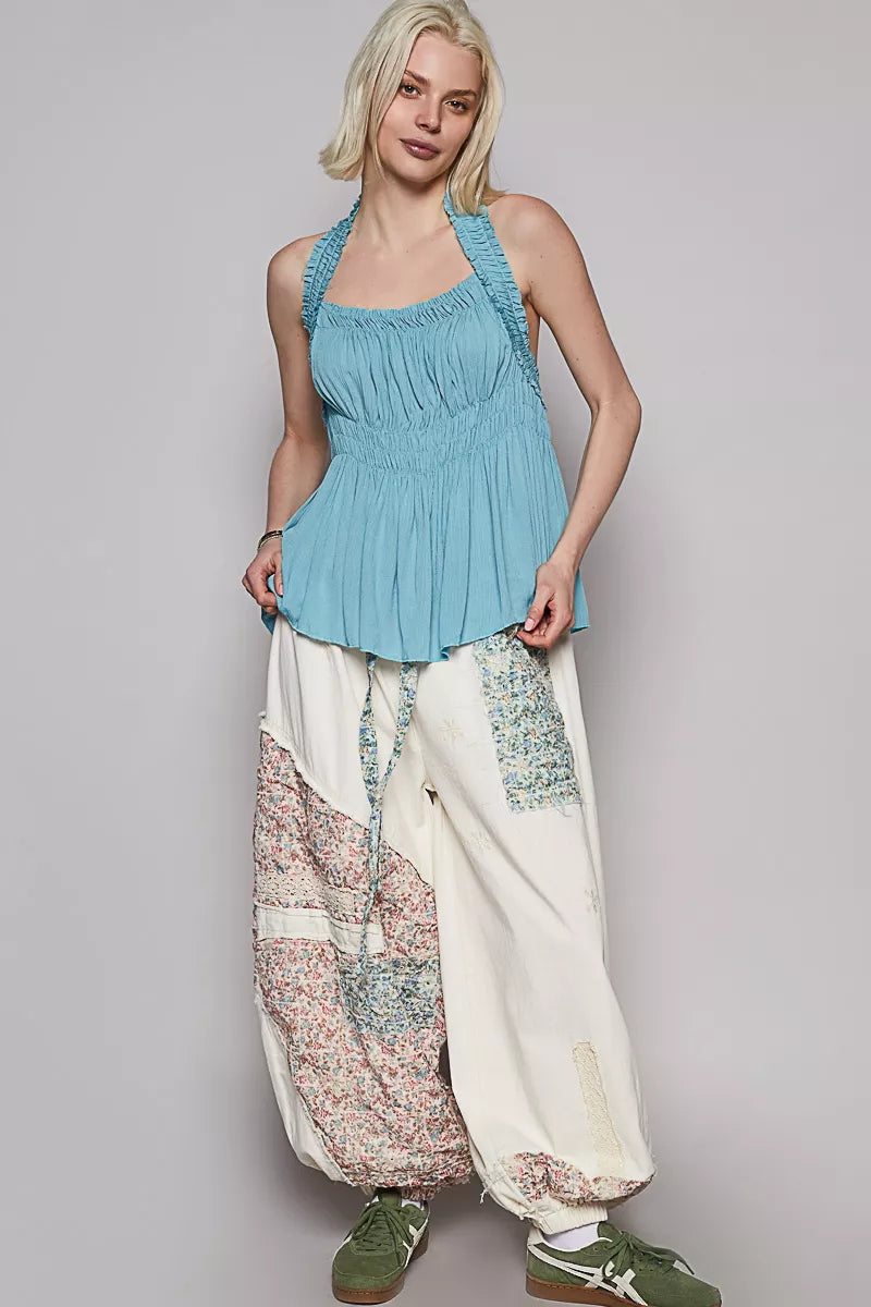 Backless Halter Sleeveless Top with Smocking Shirring Detail POL