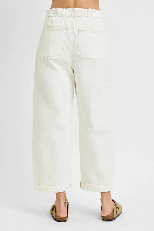High Rise Crop Wide Barrel Cargo Pocket Jeans With Plus Size Risen