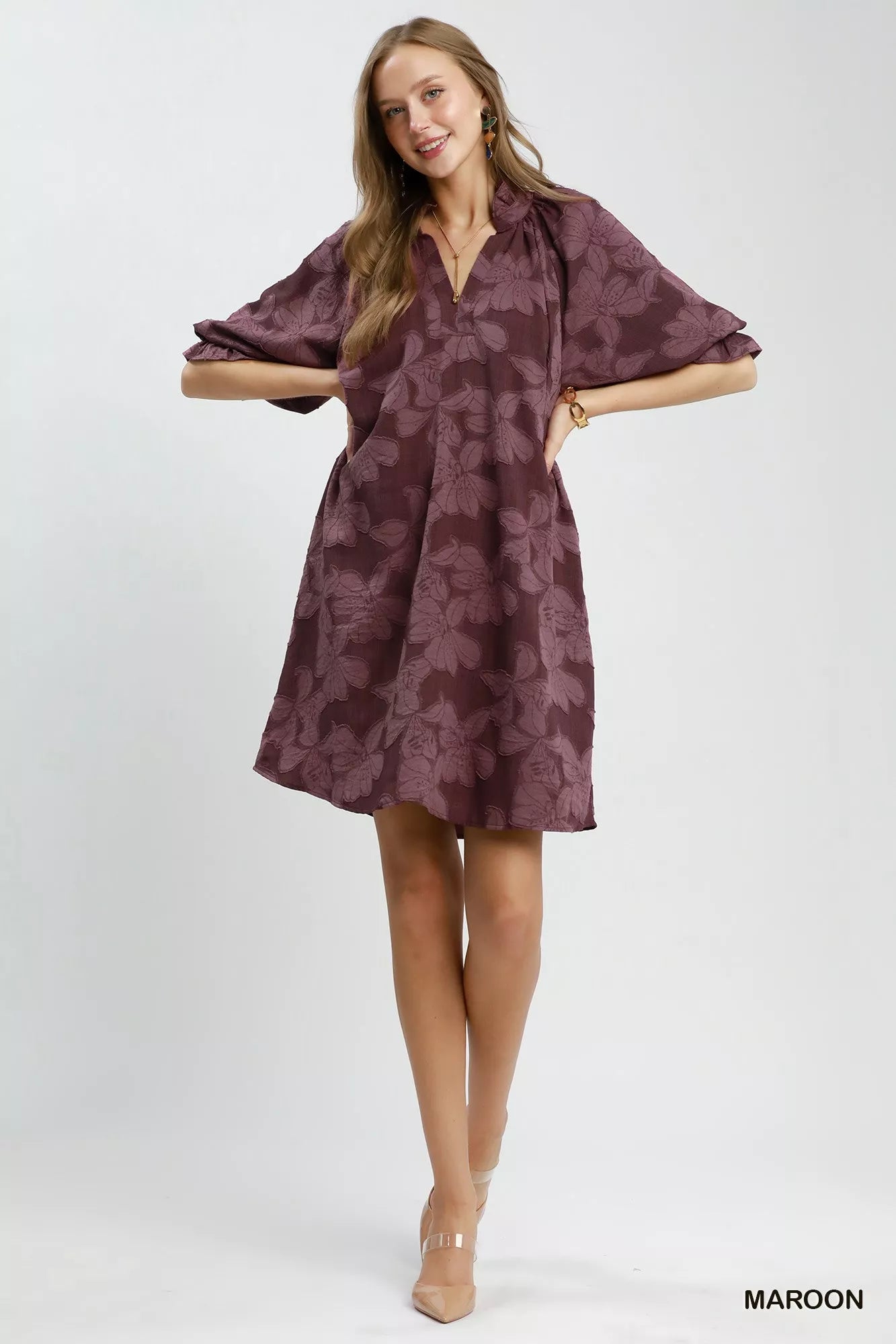 Floral Textured Jacqaurd V-Neck Dress Umgee
