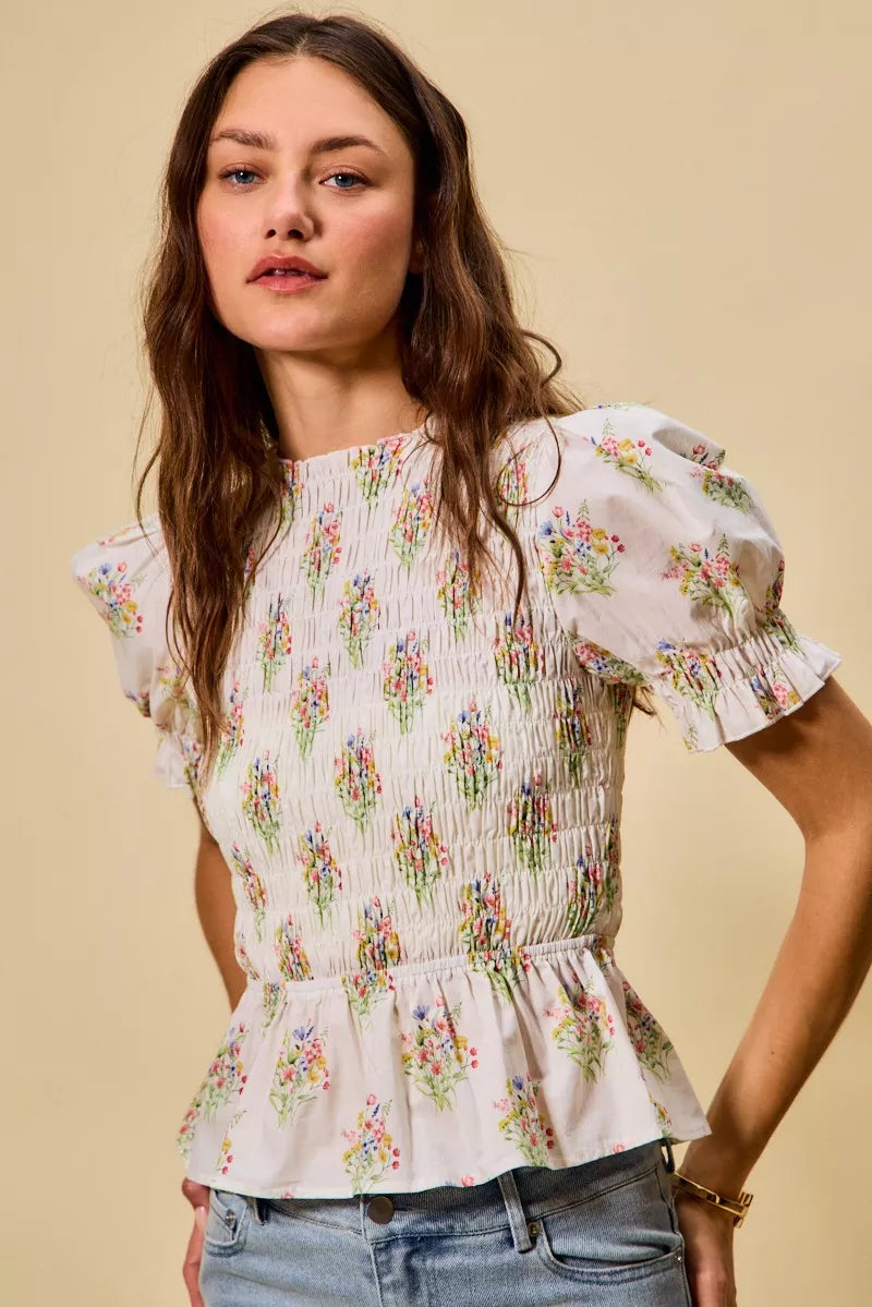 Floral Cotton Smocked Short Sleeves Blouse So Me