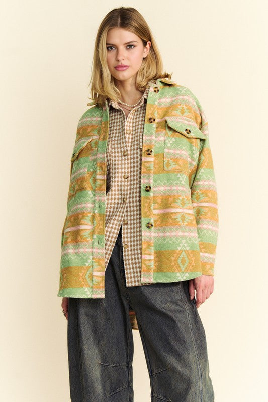 High-Low Geometric Long Sleeve Shacket with Pockets Davi & Dani