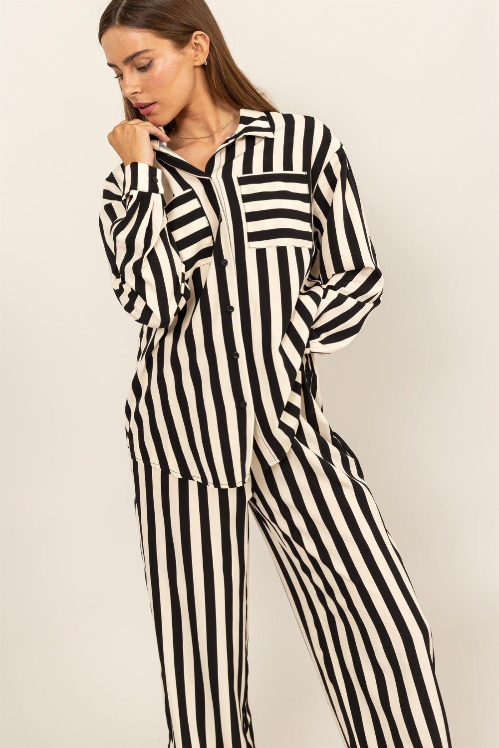 Monochrome Striped Button Shirt & Wide-Leg Pants Set HYFVE   