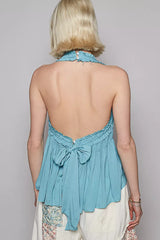 Backless Halter Sleeveless Top with Smocking Shirring Detail POL