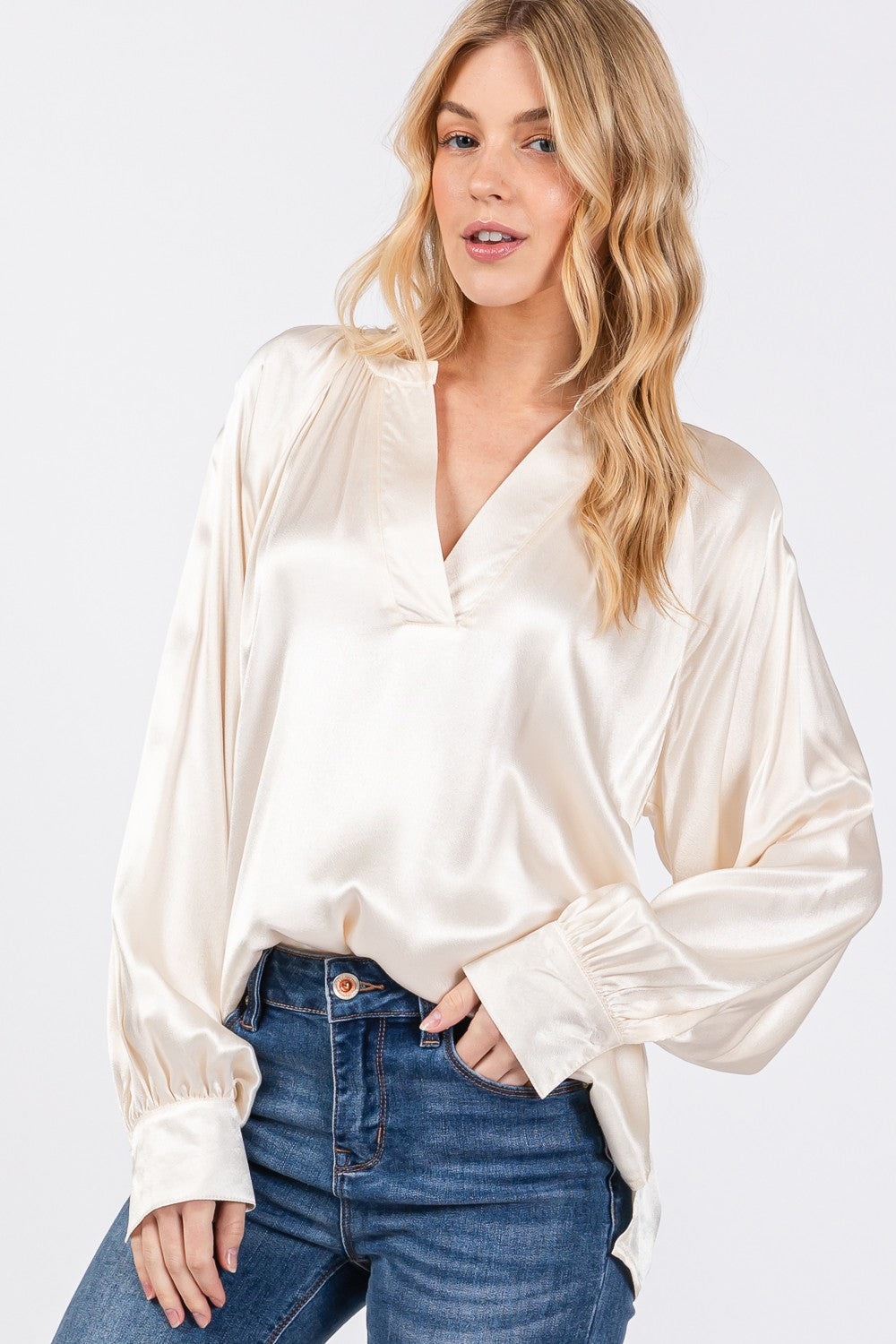 Notched Long Sleeve Raglan Blouse Sage + Fig   