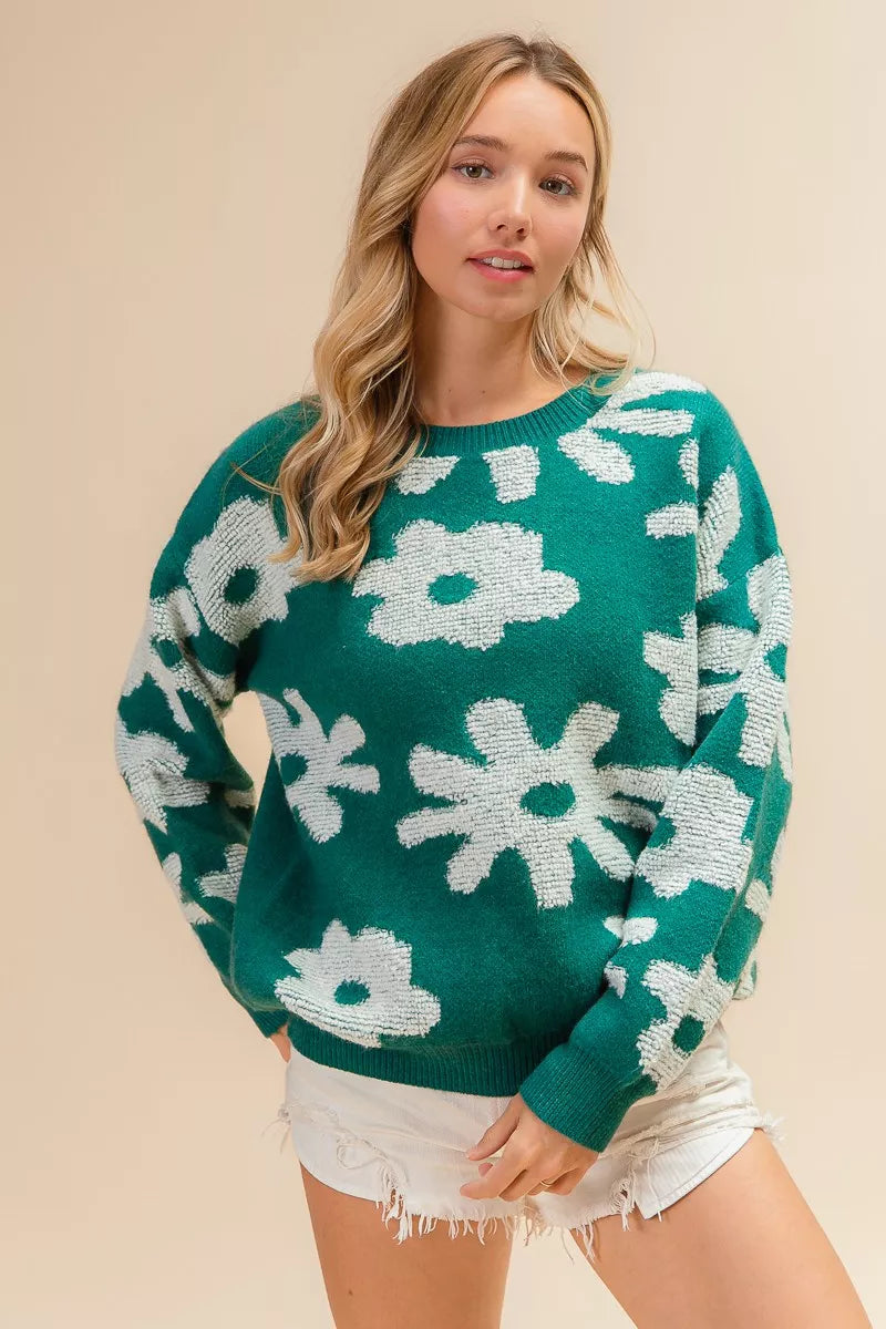Flower Pattern Long Sleeves Sweater Top BiBi