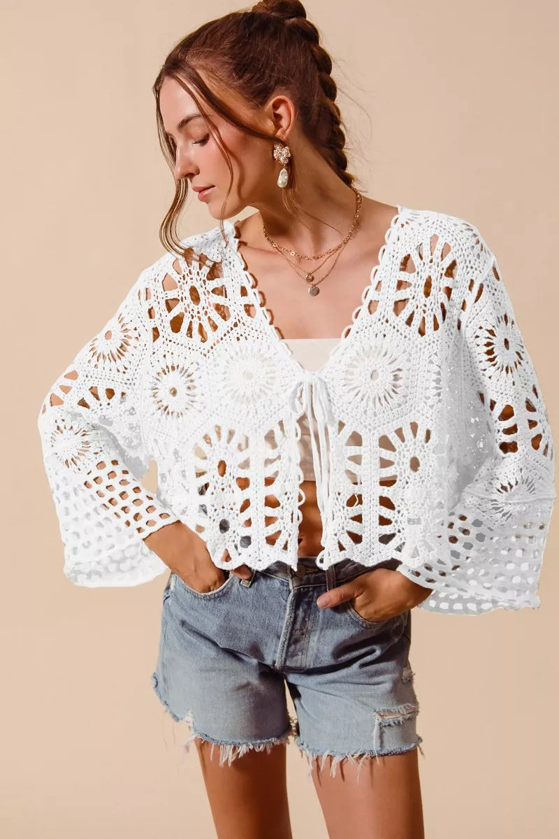 Floral Pattern Crochet Knit Tie Front Crop Cardigan So Me