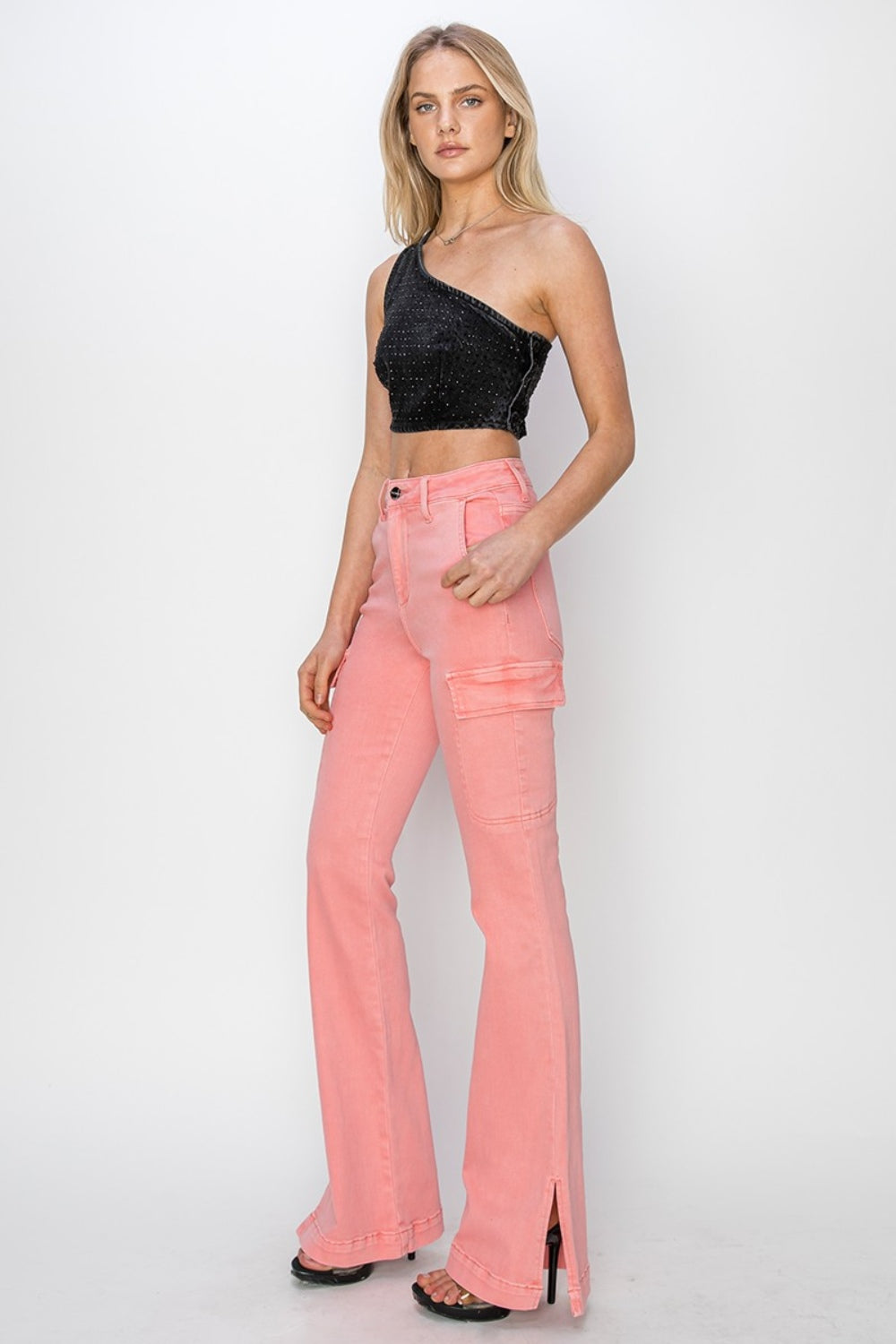 High Rise Side Slit Cargo Bootcut Jeans Risen   