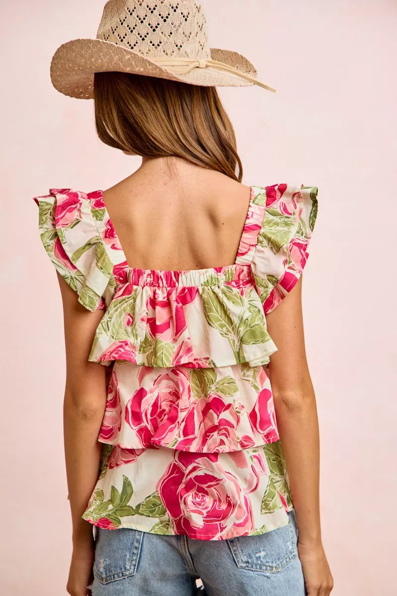 Floral Print Woven Bow Tie Ruffle Square Neck Top BiBi