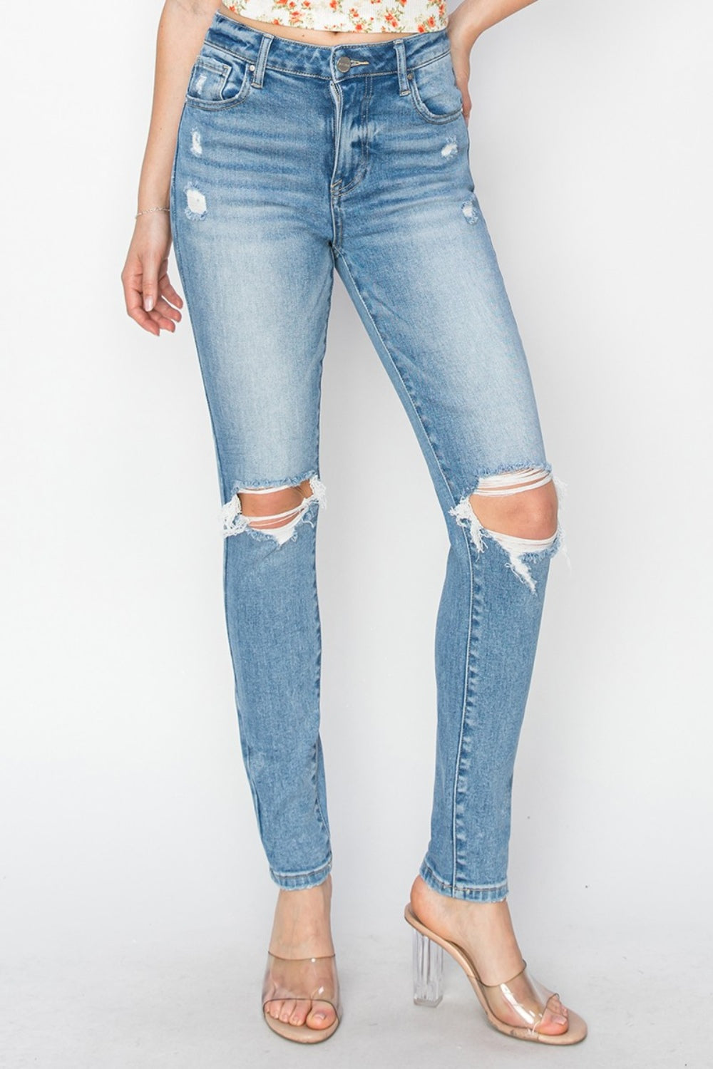 High Rise Knee Distressed Skinny Jeans Risen   