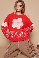 Flower Lace Patch Long Sleeve Sweater POL Red S 